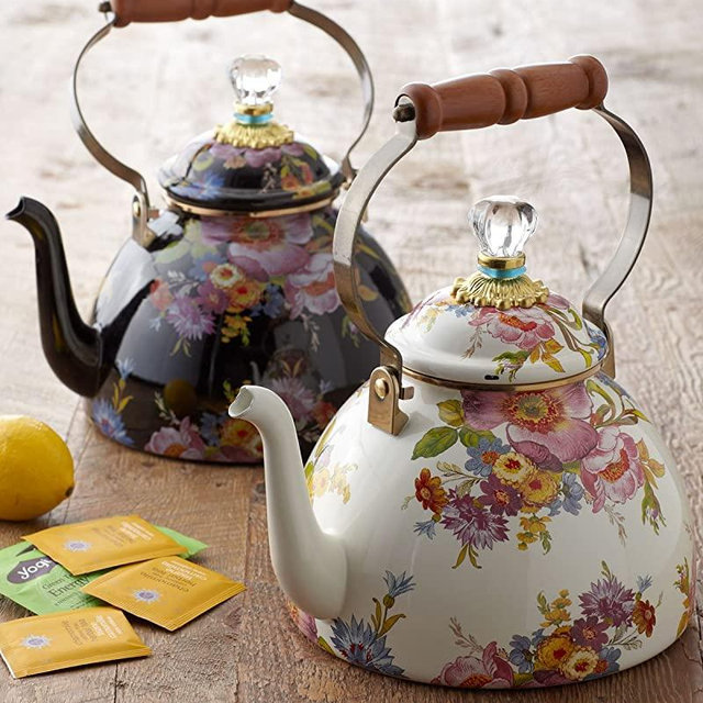 MacKenzie-Childs Tea Kettle, Steel Enamel - Flower Market - Multicolor - Printed Stovetop - 9" Dia. base, 4.5" Dia. lid, 13" Tall, 3 Qt. Capacity