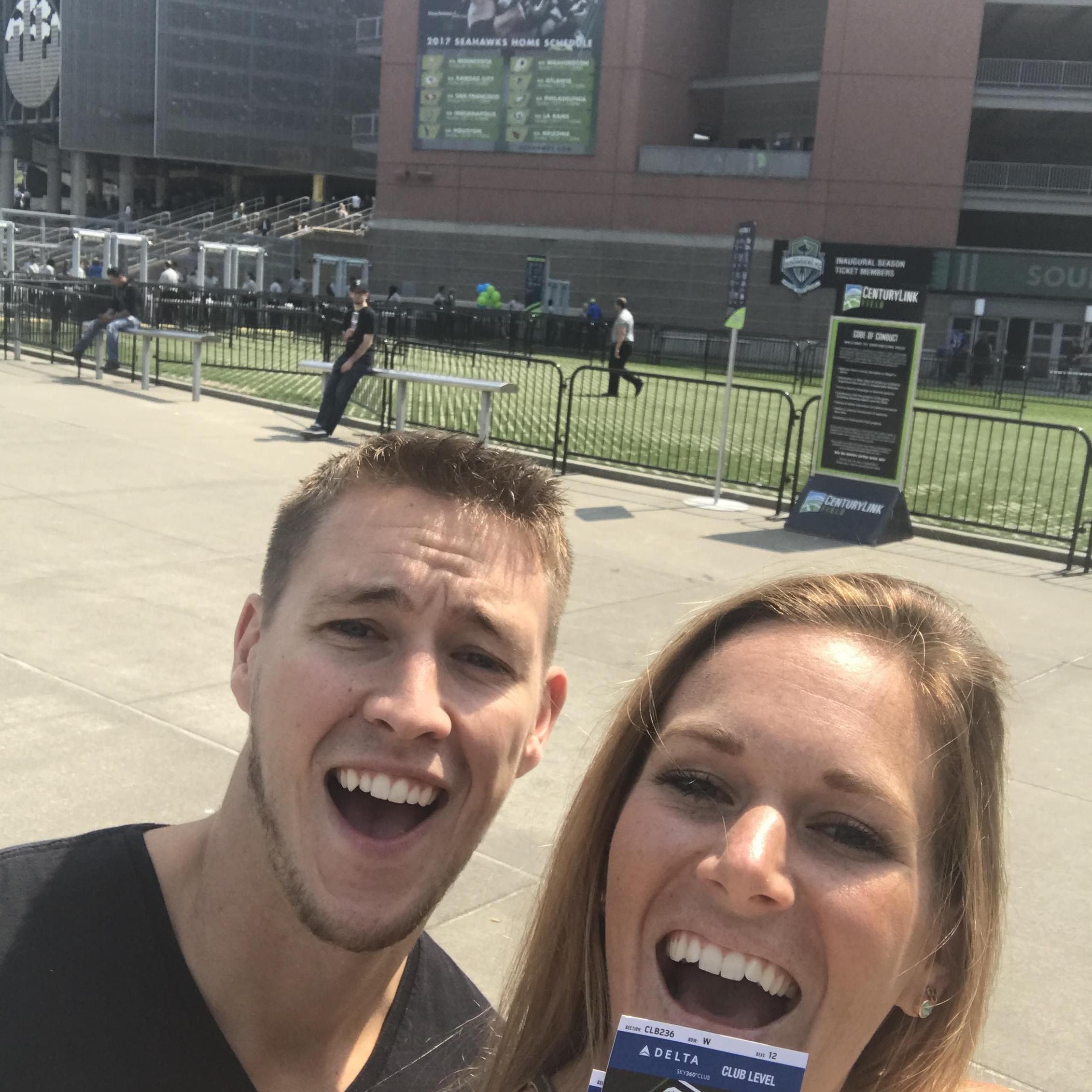 Our first Seattle Sounders game! Braxton turned Megan into a soccer fan.