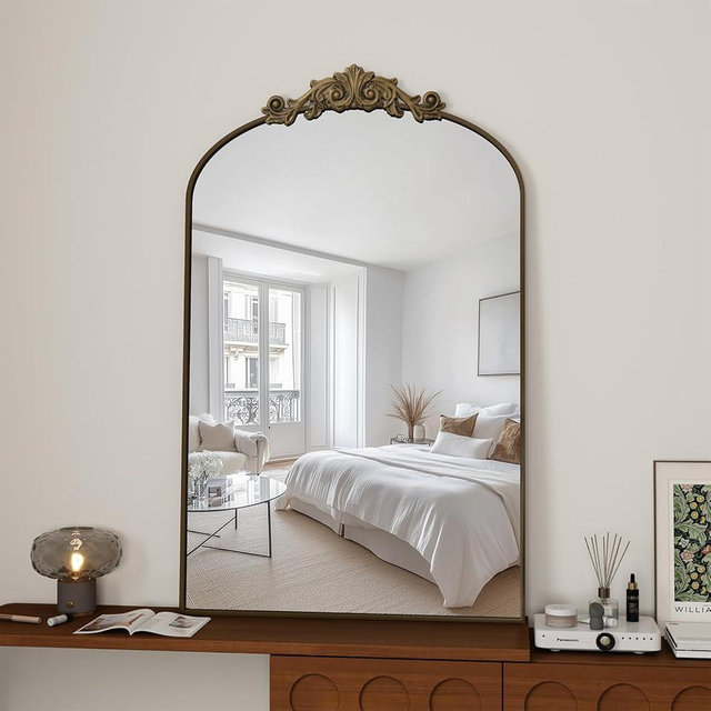 Furnbar Vintage Wall Mirror, 24"x36" Arched Mirror for Vanity, Antique Decorative Mirrors with Carved Metal Frame for Bedroom, Living Room, Entryway, Fireplace, Hallway, Bronze