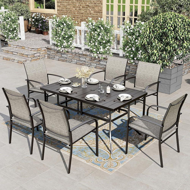 HERA'S HOUSE 7 PCS Patio Dining Set, All-Weather Outdoor Table Chairs Set, 6 x Patio Dining Chairs, Rectangular Metal Table with Umbrella Hole for Yard Garden Porch Deck (Brown)