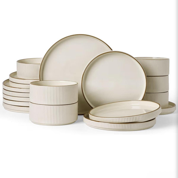 Famiware Star 18-Piece Stoneware Plates and Bowls Sets, Service for 6, Ceramic Dinnerware with Trim, Modern Rustic Dishes for Everyday/Formal, Chip/Scratch Resistant, Microwave/Dishwasher Safe, Cream