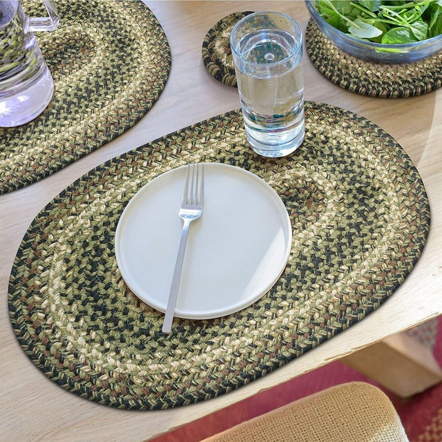 Homespice Pinecone Jute Braided Oval Placemats, Warm Country Rustic Decor, Set of 6, 13x19 Green Table Mats - Vibrant Colors, Durable, Easy to Clean and Protects Furniture