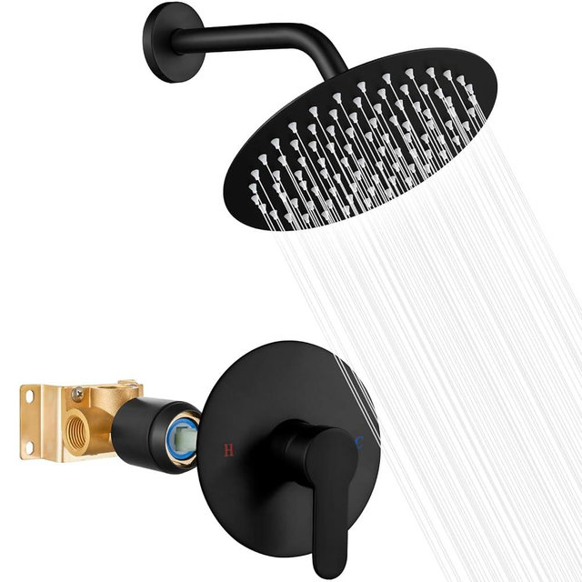 Heyalan Shower Faucet Set with Valve, Bathroom Shower System, Wall Mount Single Handle Shower Trim Kit, Fixed Rainfall Shower Head, 8-Inch Round Shower Head, Matte Black