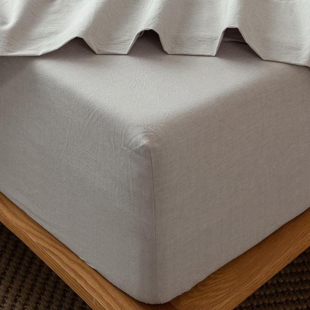 MooMee Fitted Bottom Sheet Only 100% Washed Cotton Linen Like Textured Breathable Durable Soft Comfy Deep Pocket Fits Mattress up to 17" (Natural Linen, King)