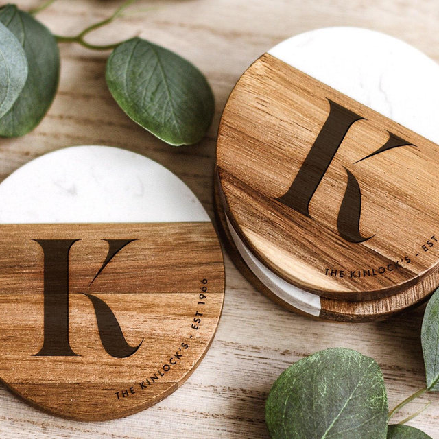 Wedding Monogram, Personalized Coaster, Custom Engraved Marble Wooden Coaster, Home Decor, Wedding Gifts, Housewarming Gift, Gift for Couple