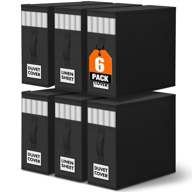 WOWBOX Sheet Organizers and Storage,Closet Bed Sheet Organizer Under Bed Storage and Organization with Label Cards & Clear Window for Bedding Sheets,Duvet Covers,Blankets (6 Pack，Black)