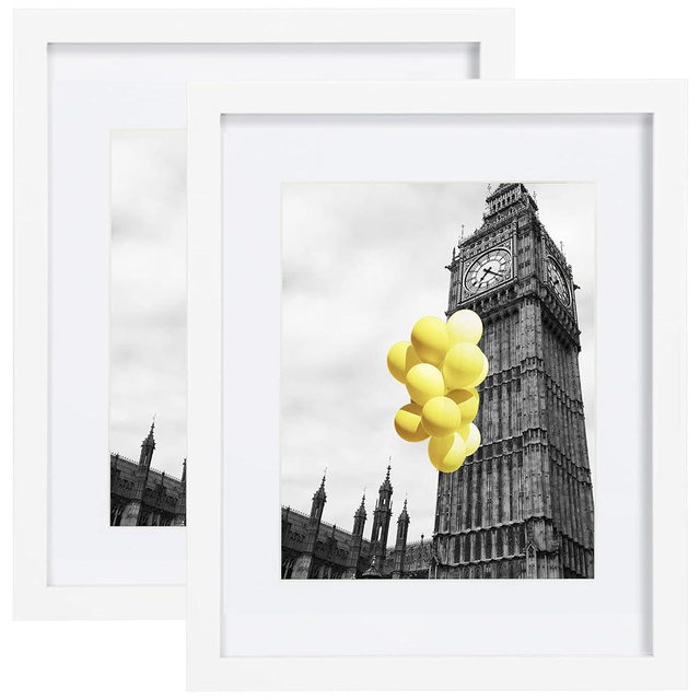 BSRHOME 11x14 Picture Frame with Plexiglass, Display Pictures 8x10 with Mat or 11x14 Without Mat for Tabletop Display and Wall Mounting, Set of 2，White