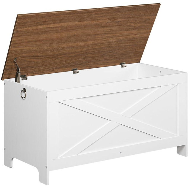 MAHANCRIS 39.4" Toy Chest, Sturdy Entryway Storage Chest with Safety Hinges, Retro Toy Box, Wooden Look Accent Furniture for Living Room, Bedroom, White+Walnut SCBZ48101