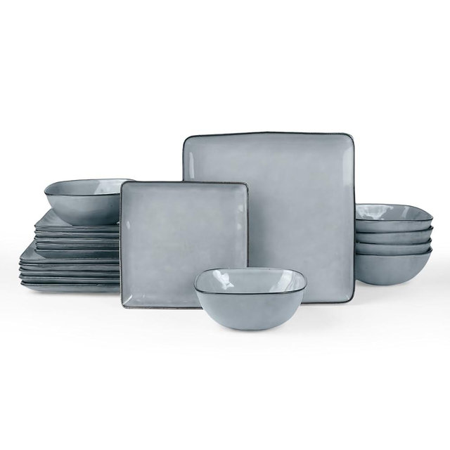 Famiware Ocean Square Plates and Bowls Set, 18 Pieces Dinnerware Sets, Dishes Set for 6, Reactive Glaze, Microwave and Dishwasher Safe, Scratch Resistant, Grey