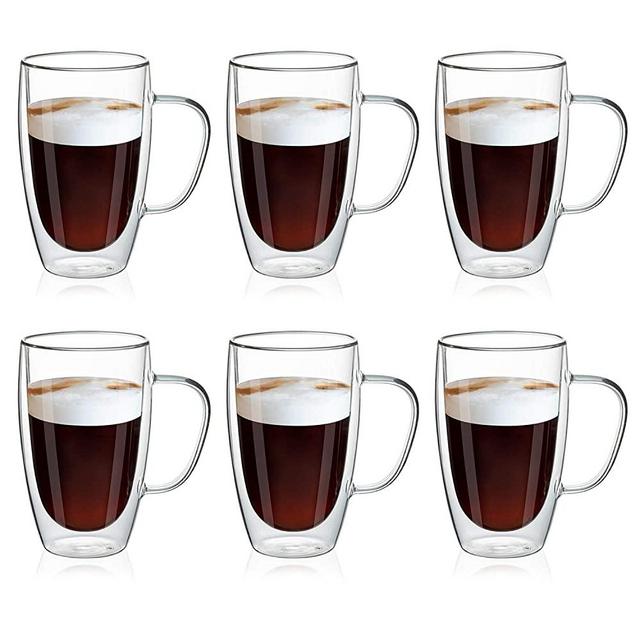 MEWAY 16oz/6 pack Coffee Mugs, Clear Glass Double Wall Cup with handle for Coffee, Tea, Latte, Cappuccino (16 oz，6)