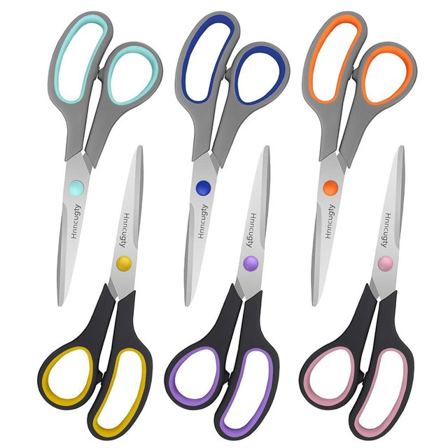 Scissors for Office School Supplies, Hnncugty 8" Scissors All Purpose Bulk Set of 6-Pack, Sharp Shears for Student Teacher Home Craft Sewing Fabric, Desk Accessories Comfort Grip, Right/Left Handed