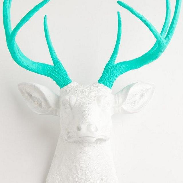 White Faux Taxidermy Faux Deer Head Wall Mount - The Oleg | White Resin Deer Head w/Turquoise Antlers Wall Decor | Stag Animal Head Wall Hanging Sculpture | Fake Animal Mounts