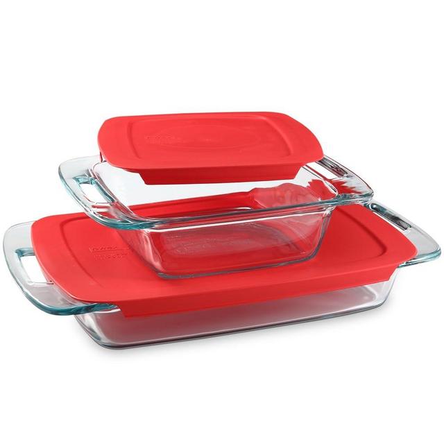 Pyrex Easy Grab 4-PC (2-QT, 3-QT) Extra Large Glass Baking Dish Set With Lids, Large Handles For Easy Holding, Pre-heated Oven Freezer Dishwasher Safe