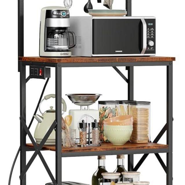Furologee Kitchen Bakers Rack with Power Outlet, Microwave Oven Stand with Storage 4 Tiers, Coffee Bar Table with 6 S Hooks, Kitchen Storage Shelf Rack for Spices, Pots, Rustic Brown
