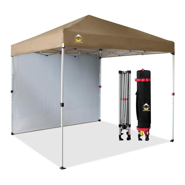 CROWN SHADES 8x8 Pop Up Canopy with 1 Side Wall - Beach Tent with One Push Setup - Outdoor Sun Shade for Events, Parties, Camping - Gazebo with STO-N-Go Cover Bag (Beige)