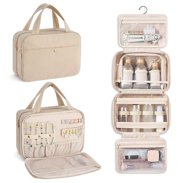 Hanke Hanging Travel Toiletry Bag for Women with Jewelry Organizer Compartment, Travel Essentials Toiletries and Makeup Bag, Water-Resistant & Stain-Resistant with Trolley Strap (Apricot)