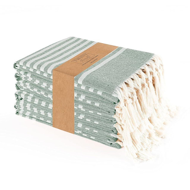 TWINY threads Set of 6 100% Cotton Turkish Kitchen Towels with Hanging Loop & Tassels (18" X 28") | Ultra Washcloth with Fringes | Reusable Hand Towels - Olive Green