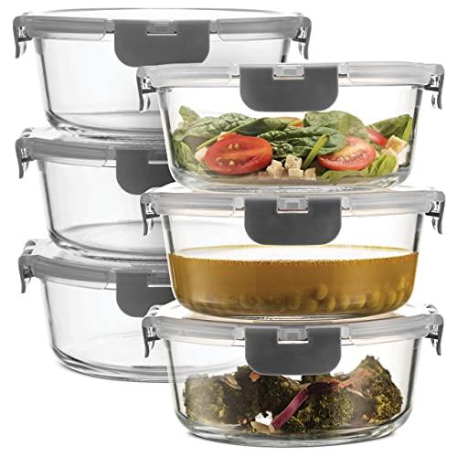 Superior Glass Round Meal Prep Containers -6pk(32oz) Newly Innovated Hinged BPA-free Locking lids- 100% Leak Proof Glass Food Storage Containers, Great on-the-go, Freezer to Oven Safe Lunch Containers