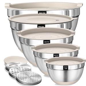 Umite Chef Mixing Bowls with Airtight Lids Set, 8PCS Stainless Steel Khaki Nesting Bowls with Grater Attachments, Kitchen Bowls with Non-Slip Bottoms, Size 5, 4, 3.5, 2, 1.5QT for Mixing & Serving