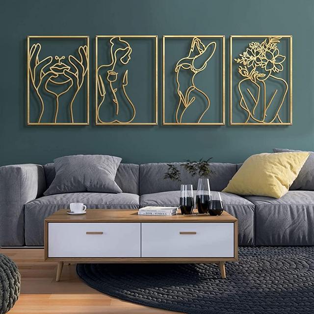 Glamativity 4 Pack Gold Wall Art Décor, Minimalist Décor Single Line Art Wall Décor, Real Metal Wall Art, Woman's Body Shape Abstract Wall Art, for Kitchen Bedroom Living Room