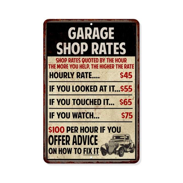Shop Rates Sign Garage Rustic Wall Décor Mechanic Signs Pops Decorations Mechanics Automotive Man Cave Bar Tin Vintage Mancave Car Funny Retro Plaque Dads Gift 8 x 12 High Gloss Metal 208120068019