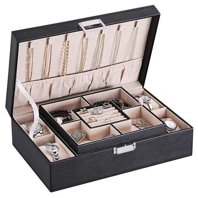 BEWISHOME Mens Jewelry Box, Jewelry Organizer with 4 Watch Case Removable Tray, Jewelry Storage Case for Necklace, Earring Ring Bracelet, PU Leather, Velvet Lining Black SSH07B