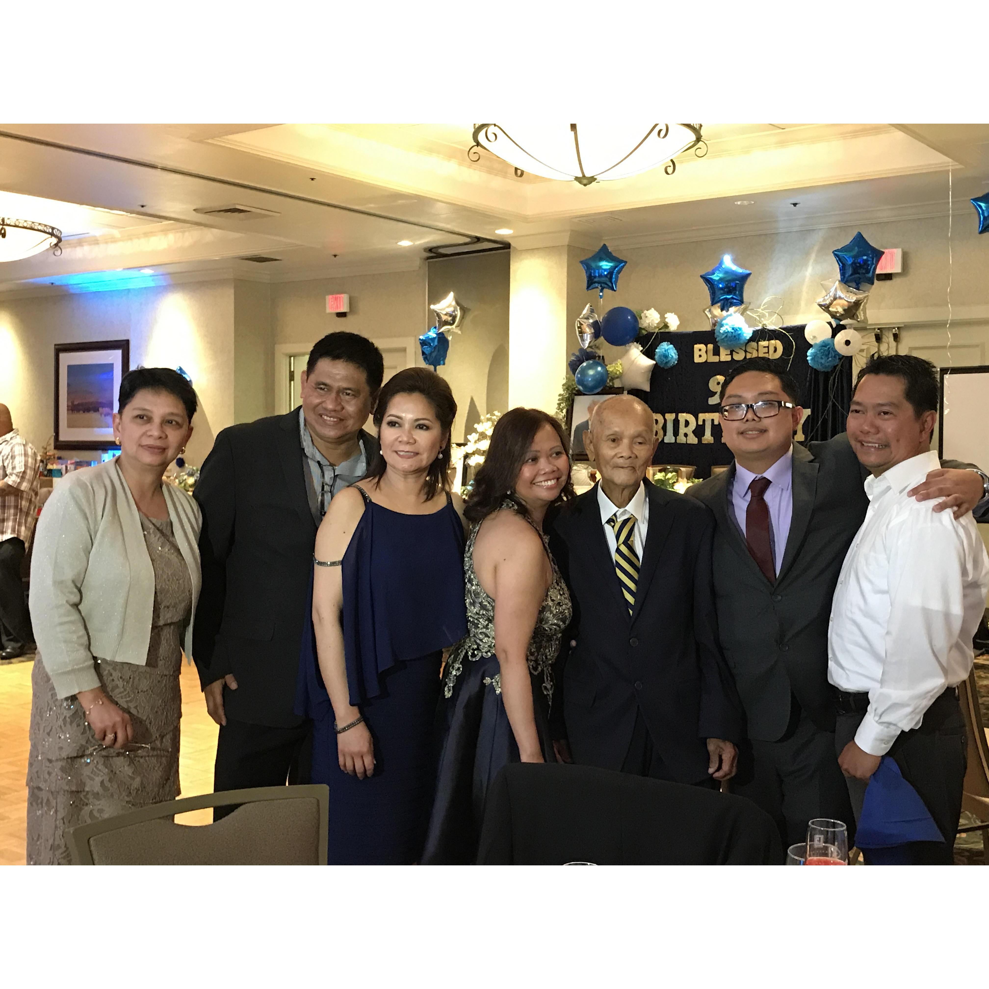 Cris, Tito Allen, Tita Ping, Tita Leah, Lolo Imoy, Jan, and Tito Ezel at Lolo Emoy's 95th birthday party. Lolo Emoy will be 99 years old at the wedding!