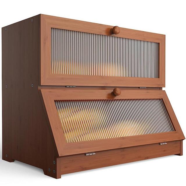 LOHASOK Double Layer Bamboo Bread Box for Kitchen Counter-Large Capacity Bread Storage Container Farmhouse Bread Box with Window Bread Holder(Brown)