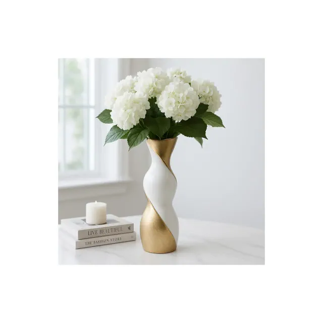 Twisted Ceramic Vase to Elevate Home Decor - Perfect Flower Vase for Living Room, Office, Bedroom, Table Accent and House Decor - 16" White & Gold