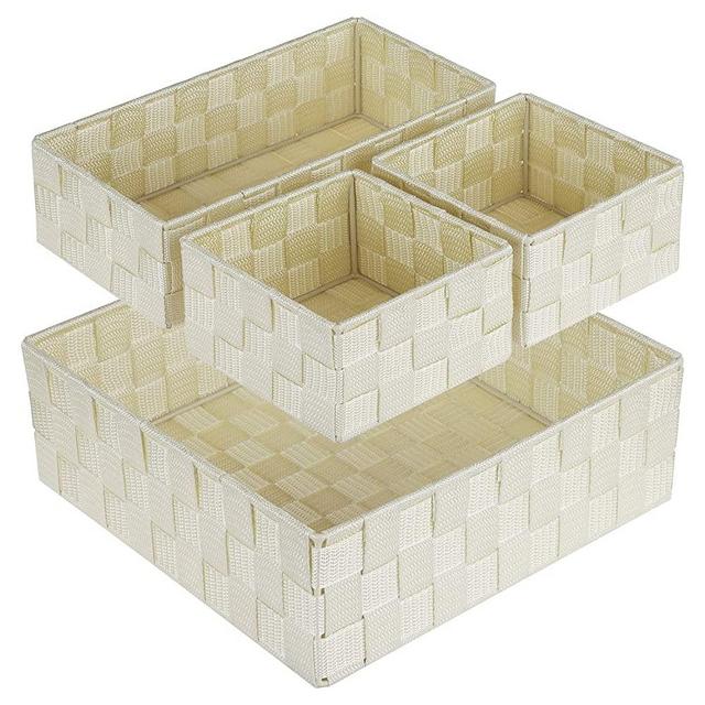 Posprica Woven Storage Box Cube Basket Bin Container Tote Organizer Divider for Drawer,Closet,Shelf, Dresser,Set of 4 (Beige)