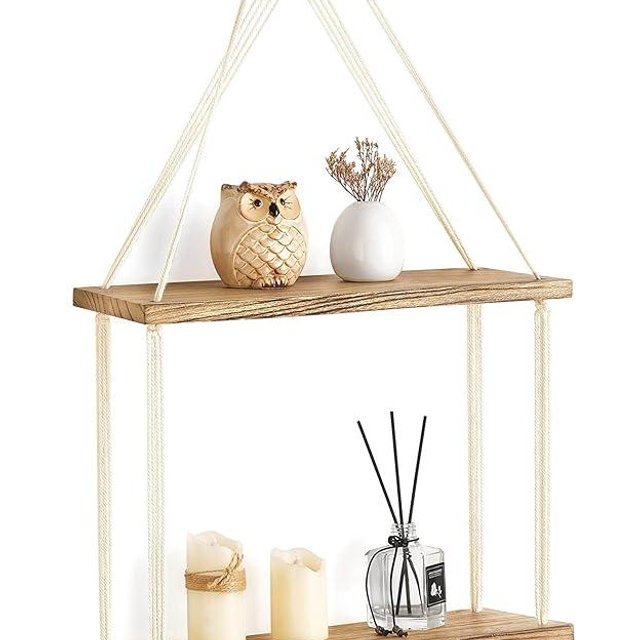 Mkono Macrame Hanging Shelf Boho Wall Decor 2 Tier Handmade Cotton Rope Rustic Wood Floating Shelves Display Photos Plants Hanging Storage Shelving for Living Room Nursery Bathroom Bedroom
