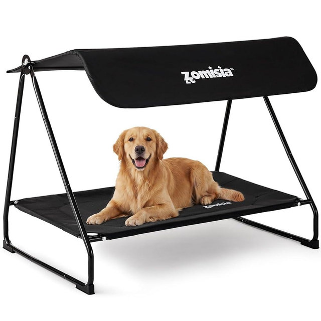 ZOMISIA 2-in-1 Elevated Dog Bed with Adjustable Canopy, Heavy Duty Raised Dog Bed with Sun Protection Shade, Anti-Scratch Cooling Pet Cot for Indoor & Outdoor Large Dogs up to 200 LBS