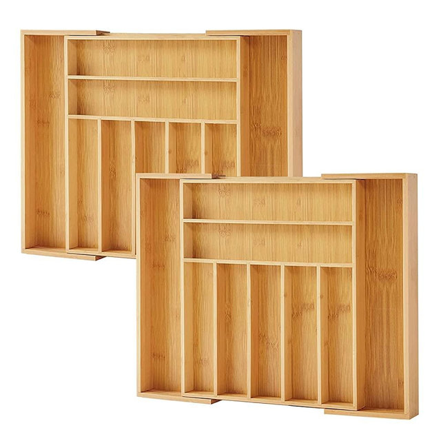 Purawood 2 PACK - Premium Bamboo Silverware Organizer - Expandable Kitchen Drawer Organizer and Utensil Organizer, Perfect Size Cutlery Tray with Drawer Dividers for Kitchen Utensils and Flatware…
