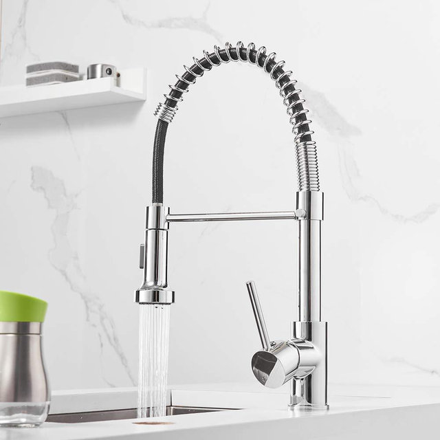 OWOFAN Spring Kitchen Sink Faucet Low Lead Commercial Solid Brass Single Handle Single Lever Kitchen Faucet with Pull Down Sprayer, Polished Chrome Kitchen Faucets