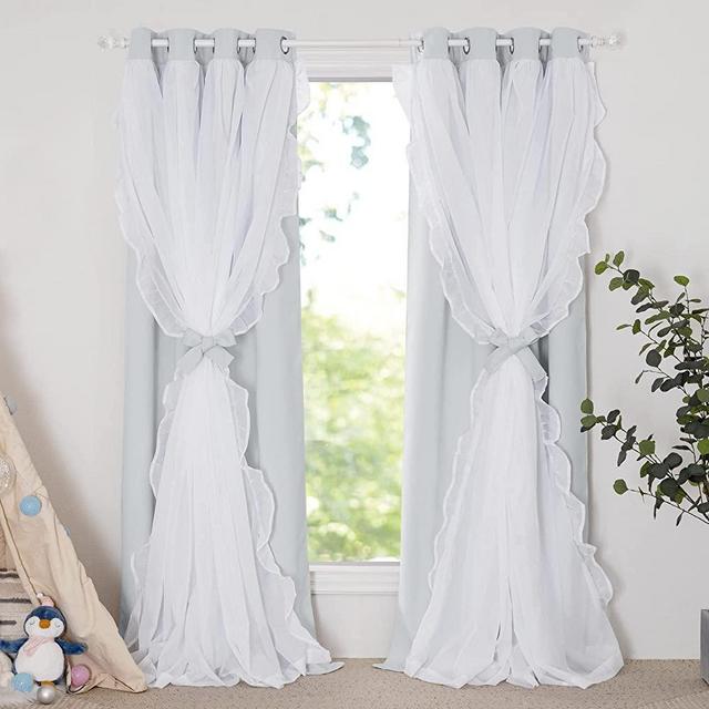 PONY DANCE Shabby Chic Curtains for Bedroom Double Layer Ruffle Sheer Overlay with Tiebacks French Country Drapes for Room Decor, 52" W x 84" L, Greyish White, 2 Pieces