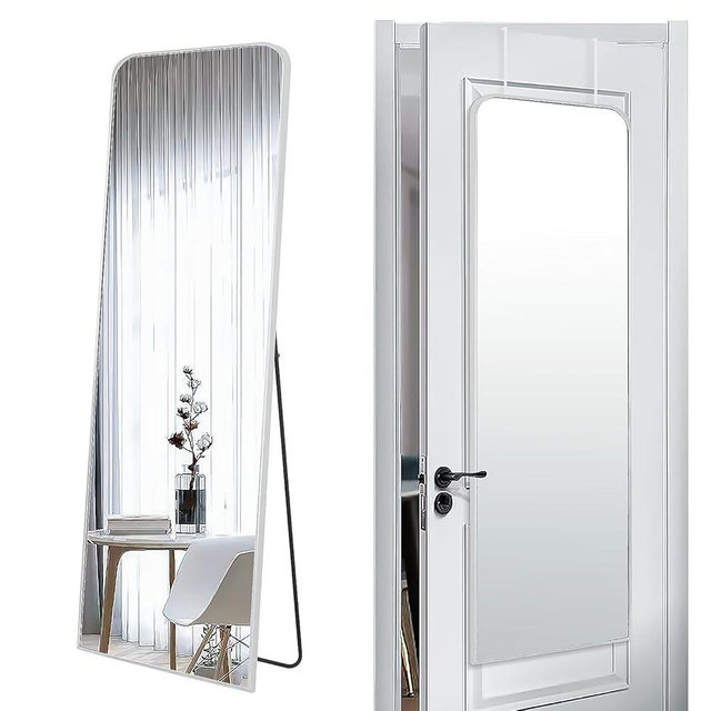 SCWF-GZ 57x20 Door Hanging Full Length Mirror, Floor (Height 5.7ft just Body in 1.3ft) or Wall Mounted Metal Frame Rectangle Dressing Mirrors for Bedroom Bathroom Living Room 57 inch Silver