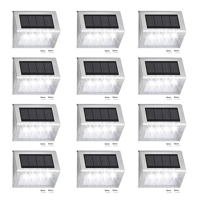 Solar Deck Lights, 4 LED Step Lights Stainless Steel Waterproof Outdoor Lamps for Patio Stair Fence Pathway - White Light, Pack of 12