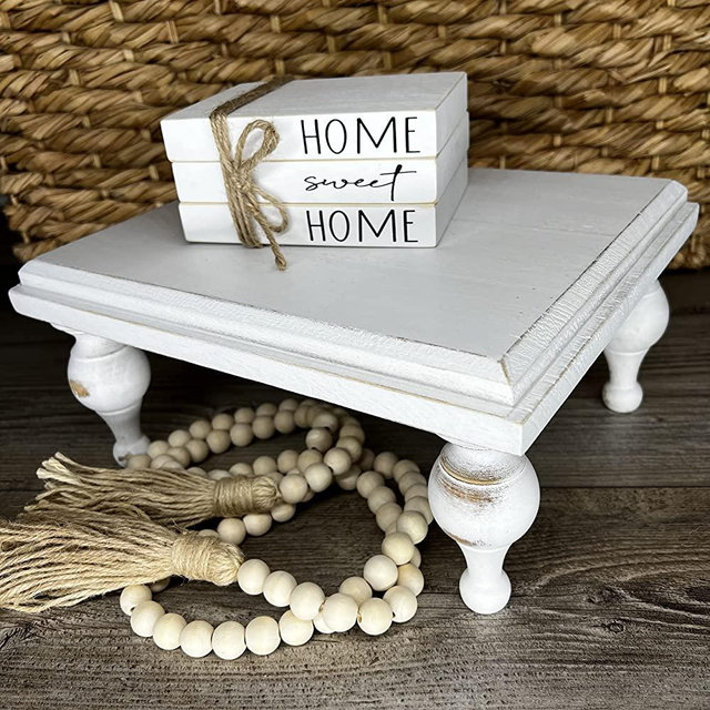 CS Chic but Shabby Wood Riser with 3 Tier Tray Decor Items White Wooden Riser, 58 in Wood Bead Garland & Faux Books for Decoration. Farmhouse Riser with Pedestal Stand Decor. Wooden Tiered Tray Set.