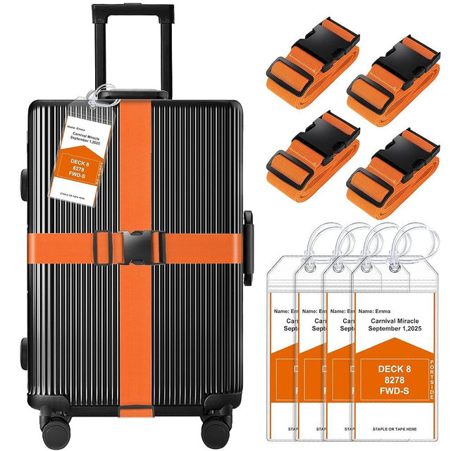 8 Pack Luggage Straps and Cruise Luggage Tags Set (4 Straps, 4 Wide Tags), Luggage Straps for Suitcases TSA Approved Suitcase Tags, Orange
