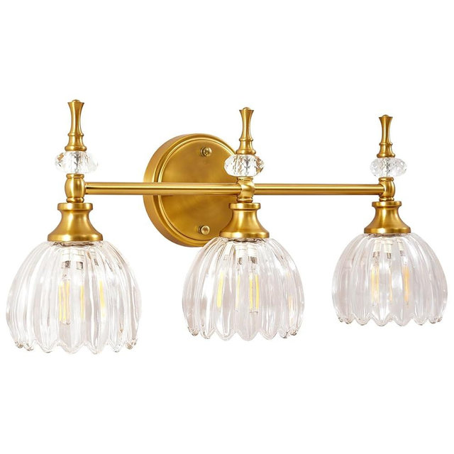 ANDY STAR 3-Lights Gold Bathroom Vanity Light, Vintage Bathroom Light Fixtures with Clear Tulip Glass Shade, Antique Wall Lights for Living Room, Hallway, Bedroom, E12 Base(Bulbs Not Included)