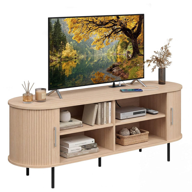 Costway Fluted TV Stand for TVs up to 60”, Mid Century Curved Entertainment Center Natural
