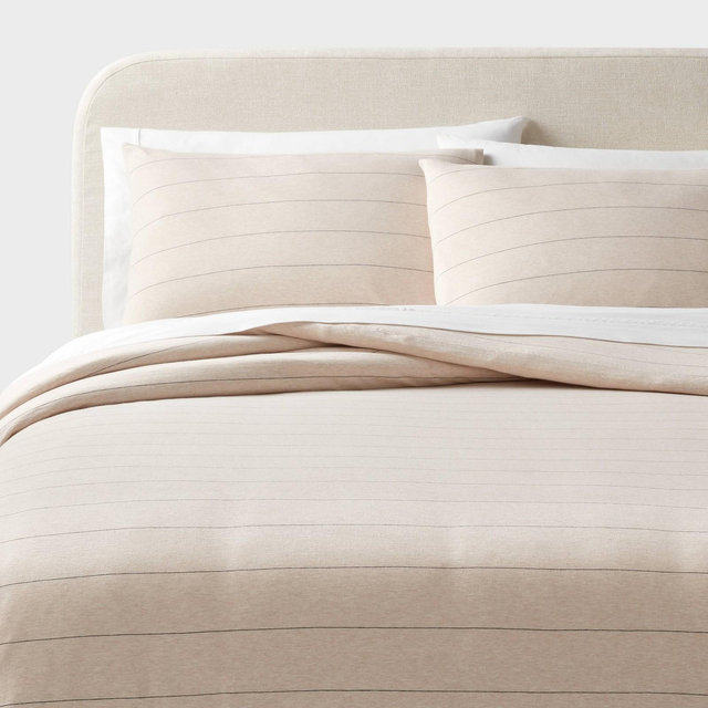Full/Queen Jersey Comforter and Sham Set Oatmeal Charcoal Striped - Threshold™: Cotton Knit, Machine Washable, Zippered Shams