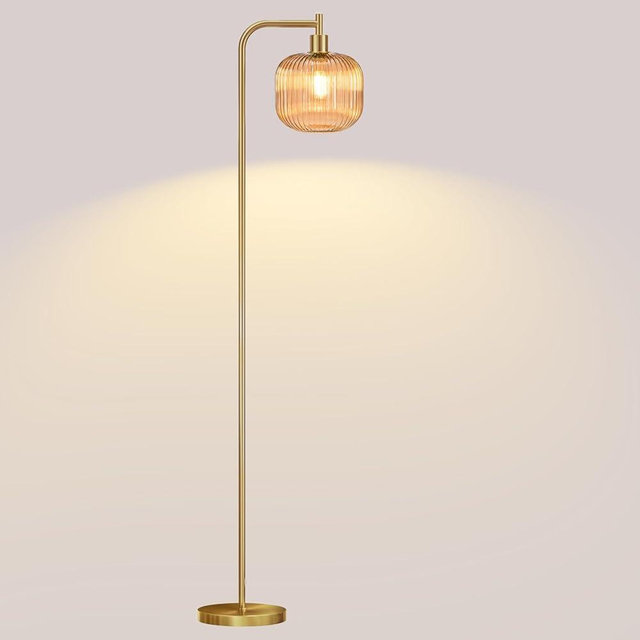 URLIGHTS Glass Floor Lamp,67" Modern Standing Lamp with Amber Ribbed Glass Lampshade Metal Pole for Living Room, Bedroom, Office - Heavy Base,Pedal Switch(Include E26 Bulb)
