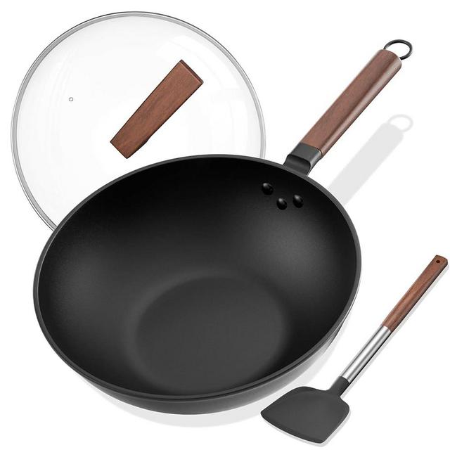 Todlabe Carbon Steel Wok - Including Glass Cover and Silicone Spatula, 13-Inch Woks & Stir-Fry Pans for Induction, Electric, Gas Stoves