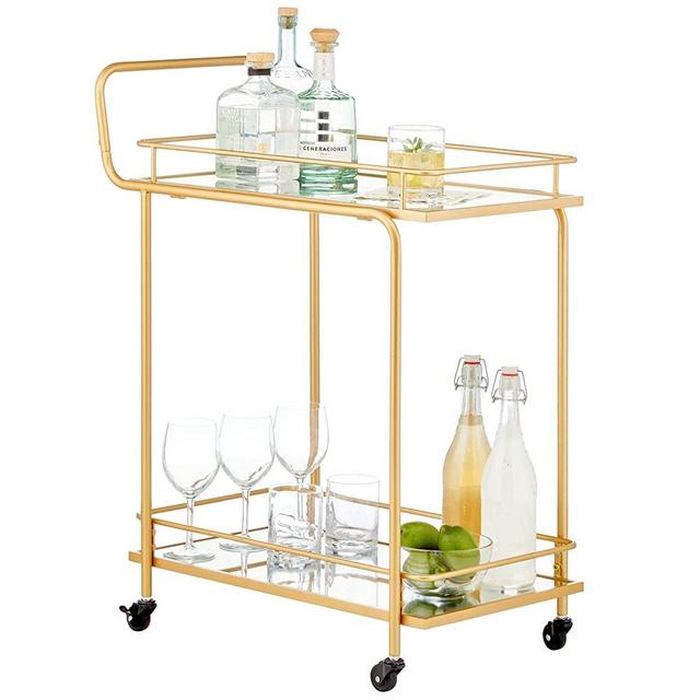 mDesign Metal Vintage Beverage Rolling Cart for Home - 2-Tier Serving Bar Trolley with Easy-Glide, Rotating Wheels, Built-in Handle, and Glass Shelves for Wine and Craft Beer - Soft Brass