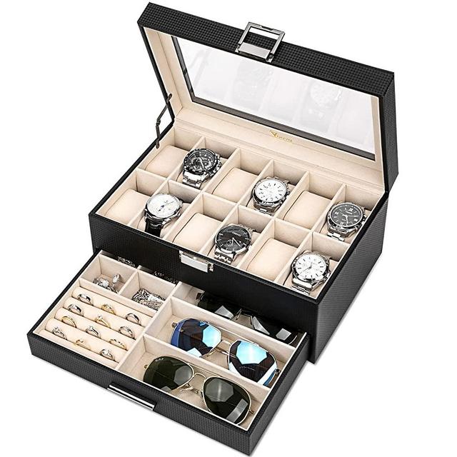 Voova Jewelry Box Watch Boxes Organizer for Men Women, 2 Layer Large 12 Slot PU Leather Watch Storage Case, Glass Top Jewelry Display Holder for Watches Sunglasses Rings Necklaces Bracelets,Black