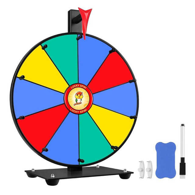 Pionites 12 Inch 10 Slots Prize Wheel Tabletop or Wall Mount Fortune Spin with Dry Erase Marker and Eraser for Engaging Home Parties, Trade Show, Carnival Events