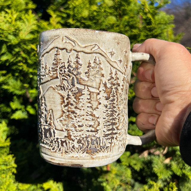 Handcrafted Pottery Mug: Raised Forest Scene with Bear, Elk & Wolf , Textural