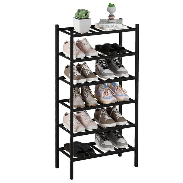 ROMGUAR CRAFT 6-Tier Bamboo Small Shoe Rack, Free Standing Wood Shoe Shelf Storage Organizer for Closet Entryway Stackable (Black)