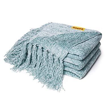 DOZZZ Fluffy Chenille Knitted Throw Blanket with Decorative Fringe for Home Décor Bed Sofa Couch Chair Aqua